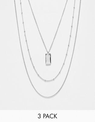 Asos Design 3-pack Necklace With Bar Pendant In Silver Tone In Metallic