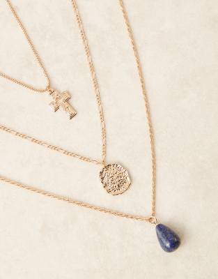 Asos Design 3 Pack Necklace With Coin And Semi-precious Stone In Gold