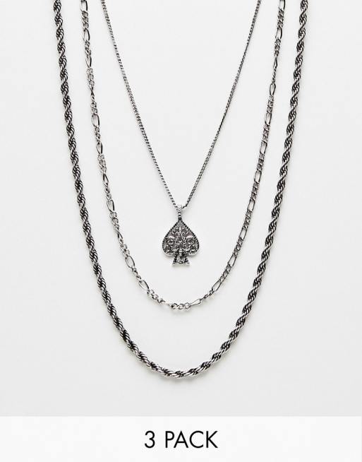 ASOS DESIGN 3-pack necklaces set with ace of spades cut-out pendant in silver tone