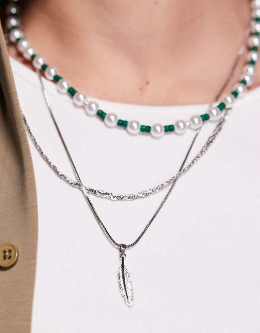 ASOS DESIGN 3-pack necklaces with pearl and feather pendant in multi