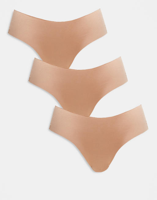 ASOS DESIGN 3 pack no vpl and lace brazilian brief in beige
