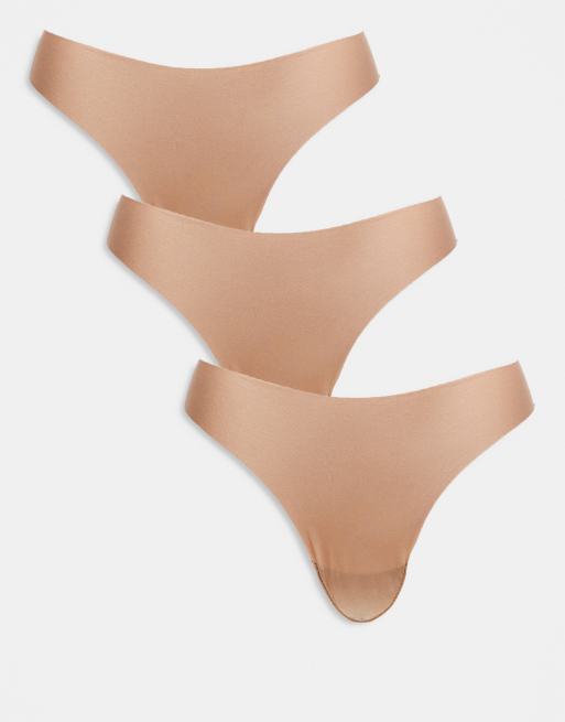 ASOS DESIGN 3 pack no VPL and lace lingerie thong in beige
