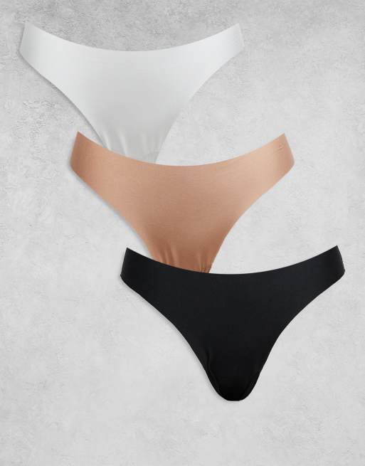 ASOS DESIGN 3 pack no VPL and lace lingerie thong in black, white & beige