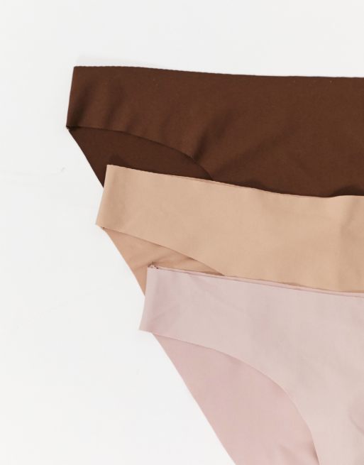 ASOS DESIGN 3 pack no VPL brazilian in beige mink & brown