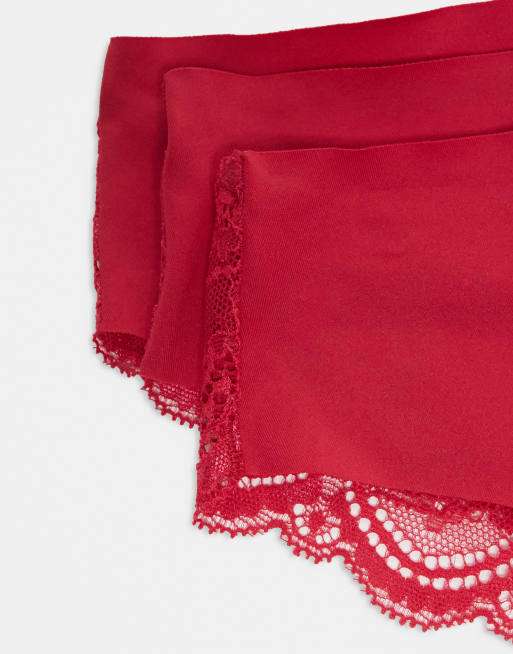 ASOS DESIGN pack no vpl lace brazilian brief in cherry red ASOS
