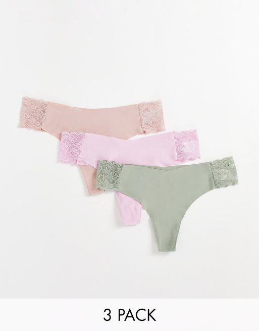 ASOS DESIGN 3 pack no VPL lace side thong pack in khaki, mink & beige