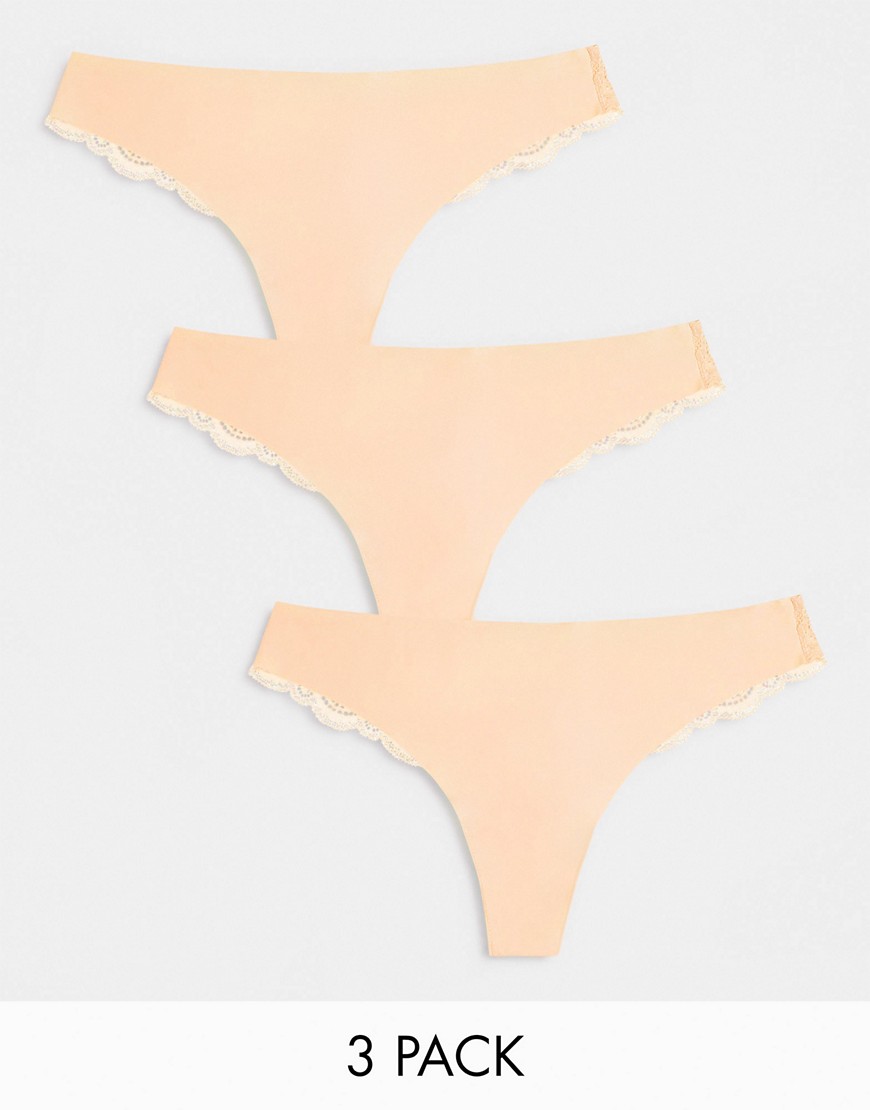 ASOS DESIGN 3 pack no VPL & lace thong in beige-Neutral