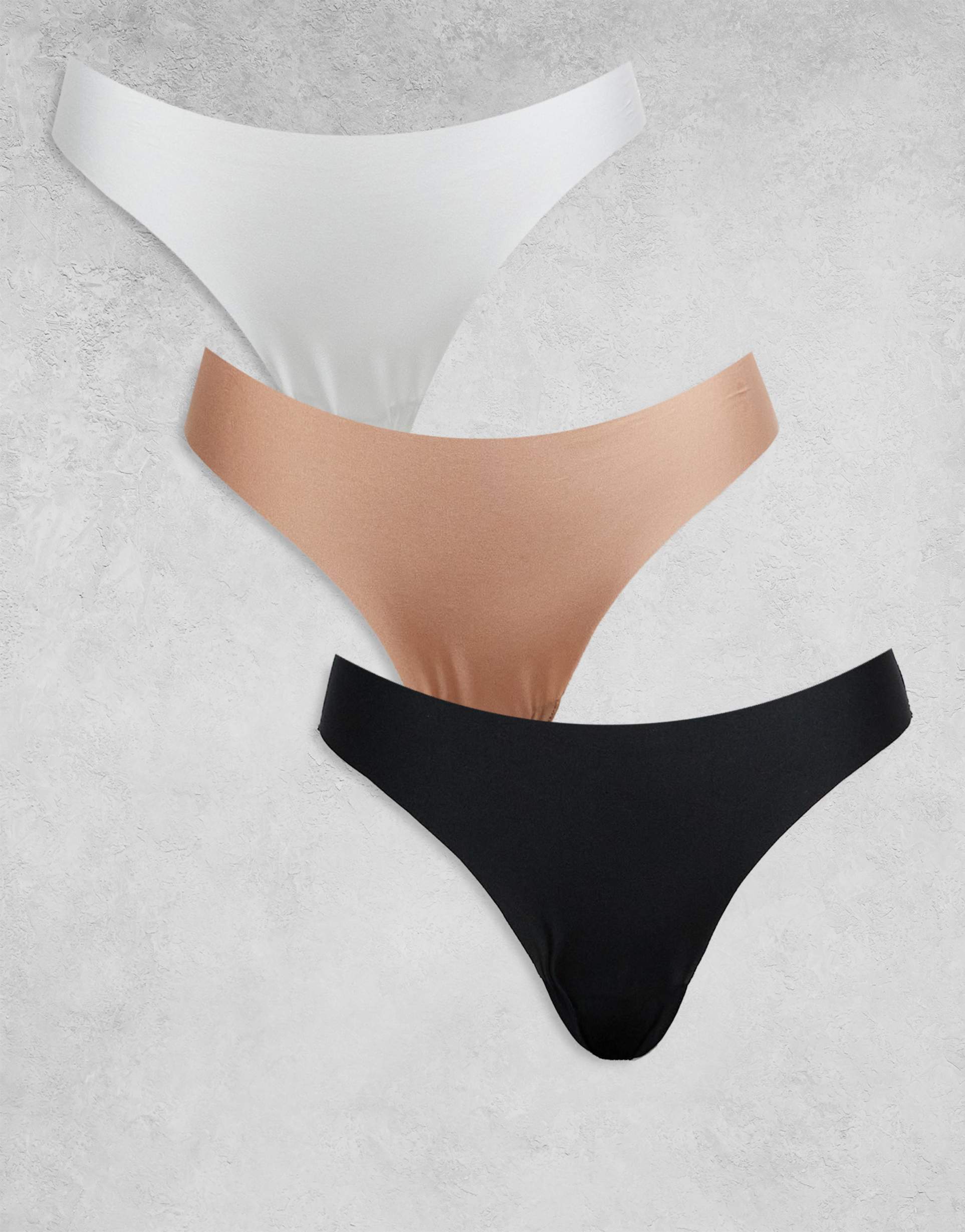 asos design 3 pack no vpl & lace thong in black, white & beige