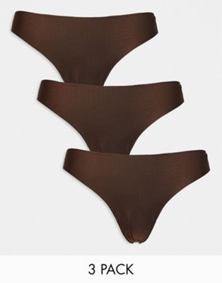 ASOS DESIGN 3 pack no VPL & lace thong in brown
