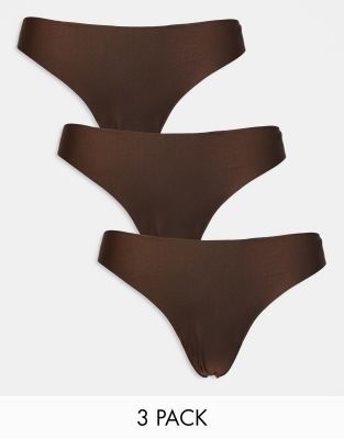 Asos Design 3 Pack No Vpl & Lace Thong In Brown
