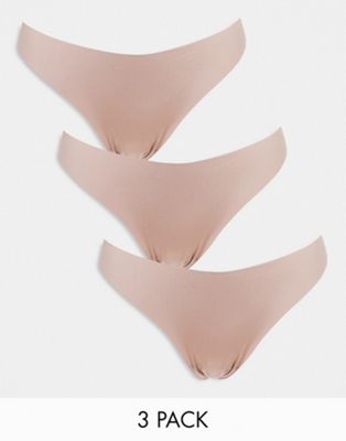 ASOS DESIGN 3 pack no VPL & lace thong in mink