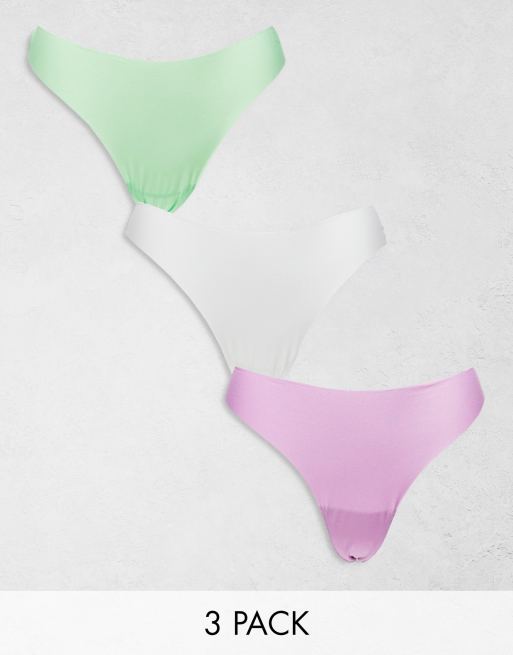 ASOS DESIGN 3 pack no VPL & lace thong in white, lilac & pistachio