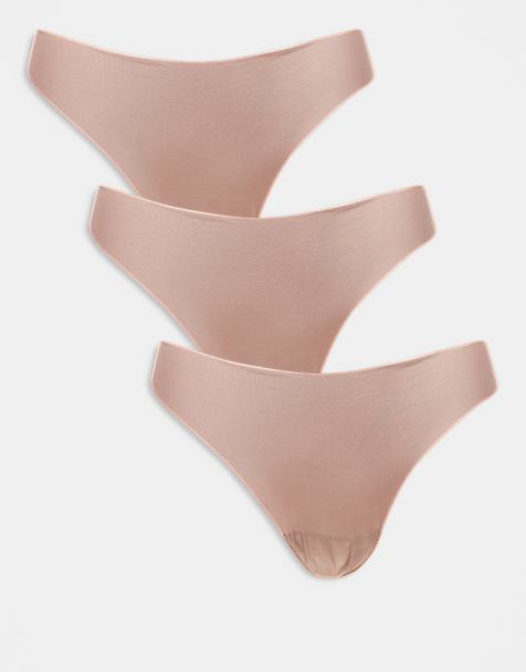 ASOS DESIGN 3-pack no-VPL & lace thongs in mink - view 1