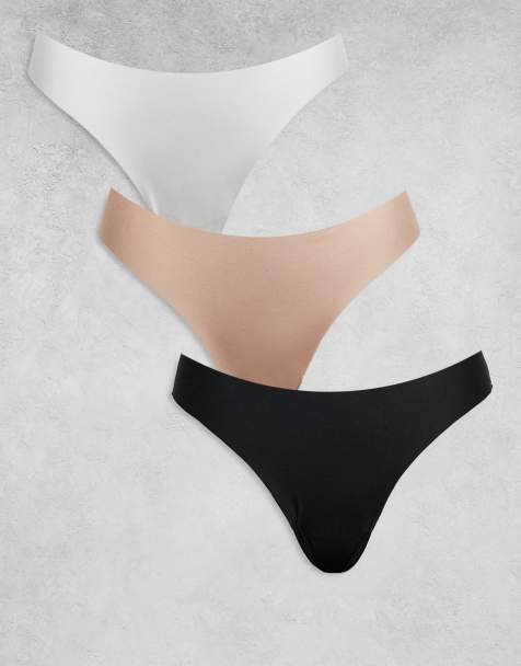 ASOS DESIGN 3 pack no vpl & lace trim thong in black, white & beige - view 1
