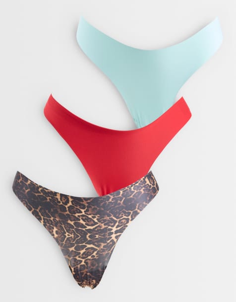 ASOS DESIGN 3 pack no vpl thong in red, blue & leopard print - view 1