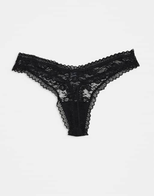 ASOS DESIGN 3 pack of all-over lace dipped front lingerie thong in black, 2 of 3