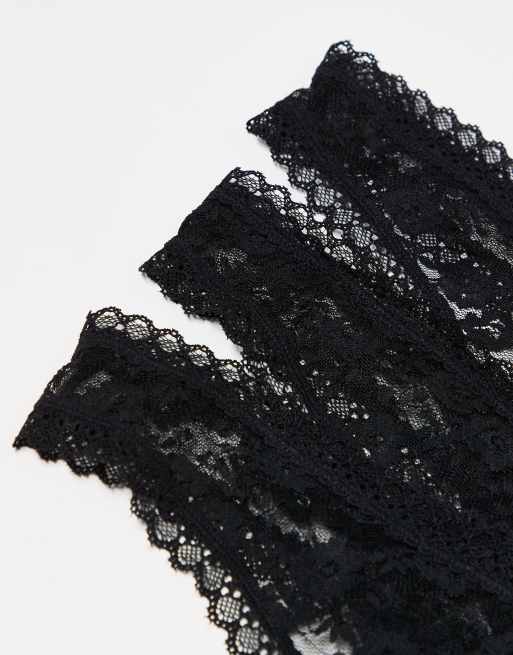 ASOS DESIGN 3 pack of all-over lace dipped front lingerie thong in black, 3 of 3