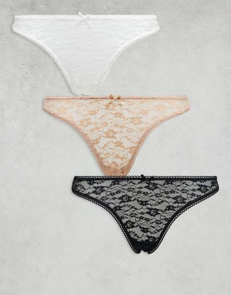 ASOS DESIGN 3 pack of all-over lace lingerie thongs in black, white & beige - view 1