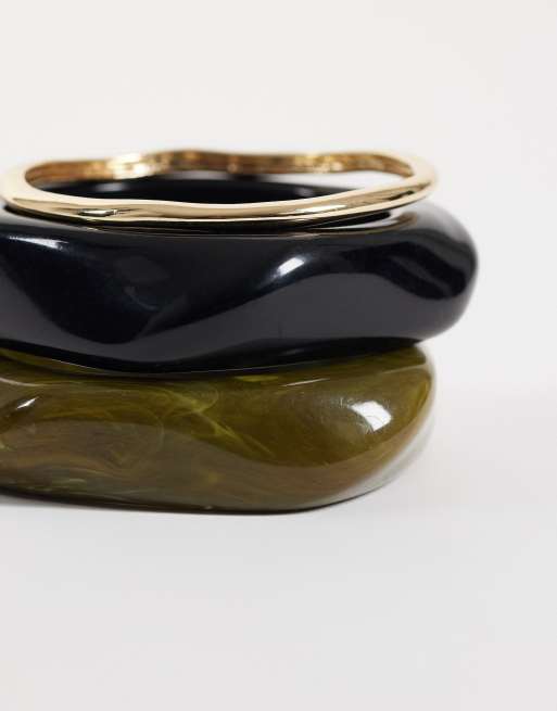 ASOS DESIGN 3 pack of bangles in black and khaki resin and gold tone, 3 of 3