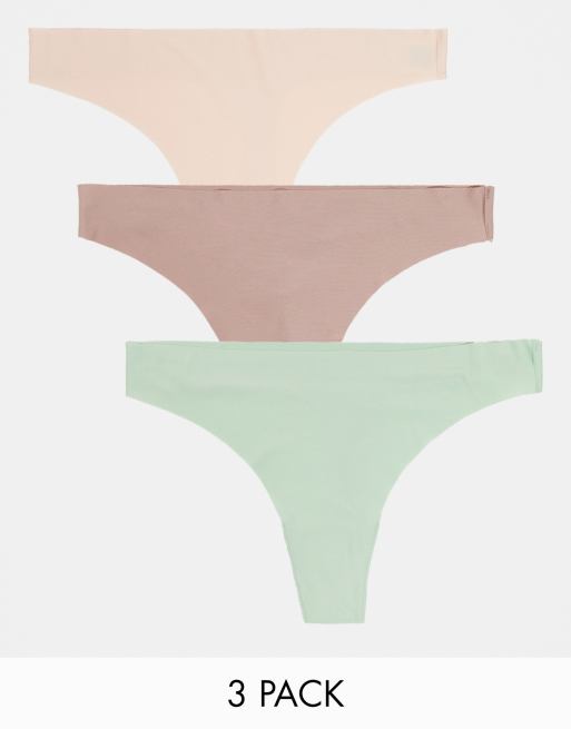 ASOS DESIGN 3 pack of no VPL lingerie thongs in blush, sage & mink