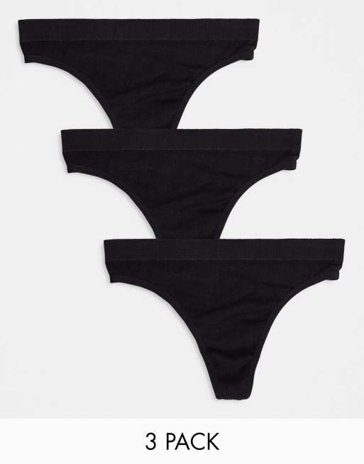 ASOS DESIGN 3 pack of ribbed seamless lingerie thongs in black