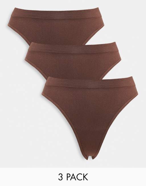 ASOS DESIGN 3 pack ribbed seamless thong pack in brown tonals