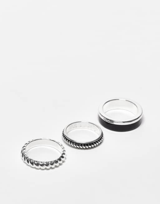 ASOS DESIGN 3 pack of rings with black enamel and texture in silver tone