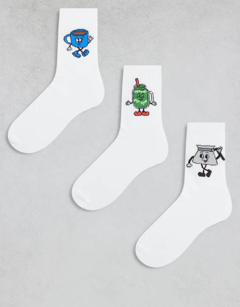 ASOS DESIGN 3 pack of socks with matcha characters graphic in white - view 1