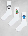 [ASOS DESIGN] ASOS DESIGN 3 pack of socks with matcha characters graphic in white 43-48 WHITE