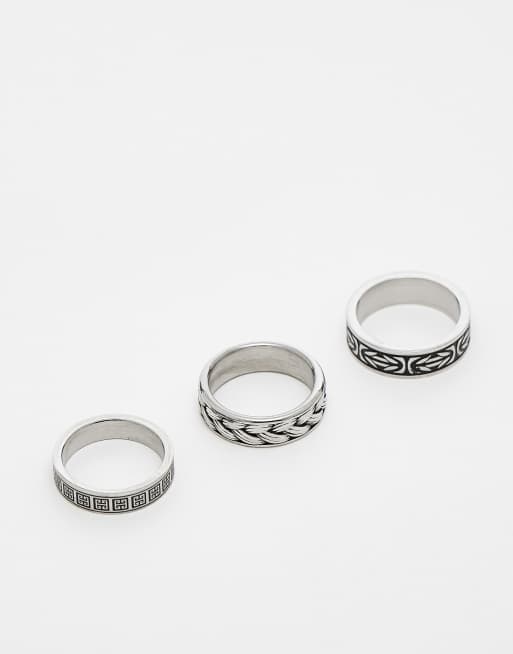 ASOS DESIGN 3 pack of waterproof stainless steel burnished design band rings in silver, 2 of 3
