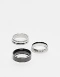 [ASOS DESIGN] ASOS DESIGN 3 pack of waterproof stainless steel texture band rings in black and silver tone M-L SILVER