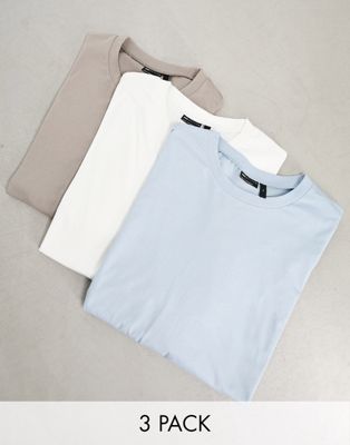 ASOS DESIGN 3 pack oversized t-shirt with crew neck in blue, beige and white