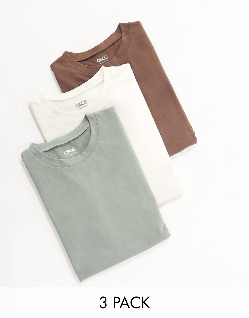 ASOS DESIGN 3 pack oversized t-shirt with crew neck in ecru, khaki and brown-Multi