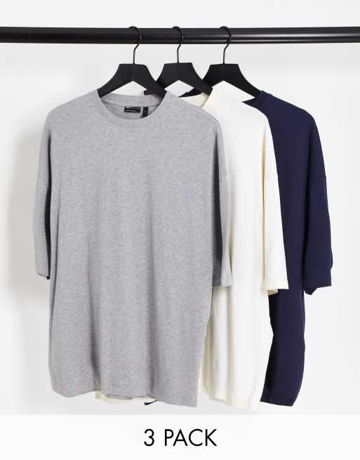 ASOS DESIGN 3 pack oversized t-shirt with crew neck in grey marl, ecru and navy