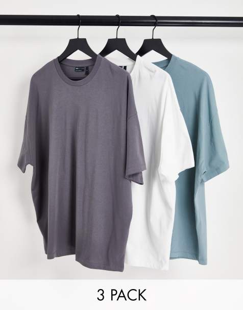 ASOS DESIGN 3 pack oversized t-shirt with crew neck in grey, white and blue