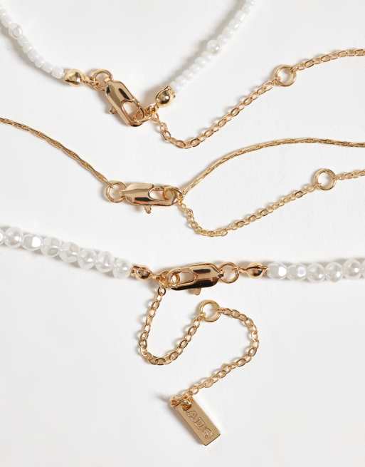 ASOS DESIGN 3-pack pearl and chain necklaces in gold, 4 of 4