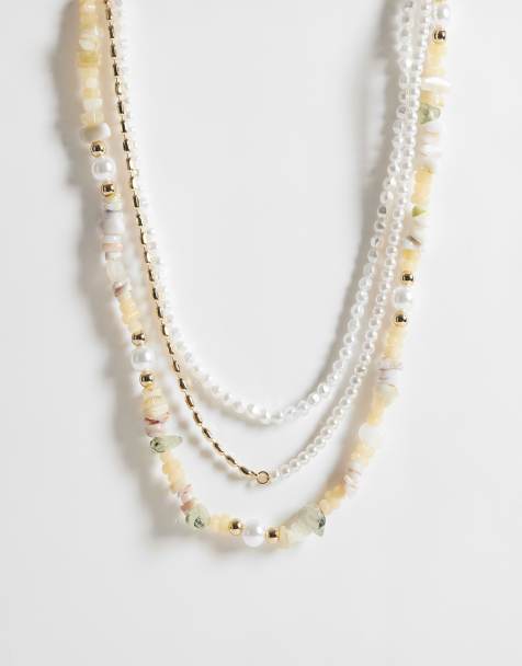 ASOS DESIGN 3 pack pearl and chipping stone necklace in silver - view 1