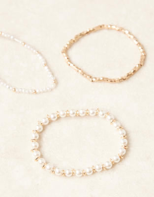 Asos Design 3-pack Pearl And Metal Bead Bracelets In Metallic