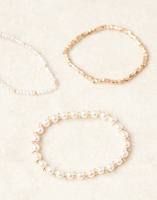 ASOS DESIGN 3-pack pearl and metal bead bracelets in gold tone