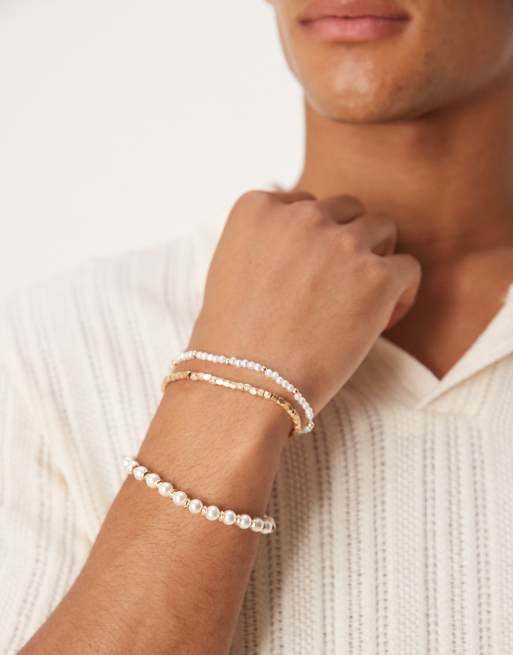 ASOS DESIGN 3-pack pearl and metal bead bracelets in gold tone