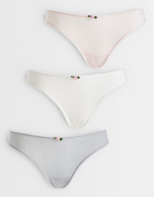 Asos Design 3 Pack Pointelle Thong With Rosebud Trim In Multi