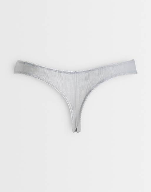 ASOS DESIGN 3 pack pointelle thong with rosebud trim in grey, white & pink, 2 of 3