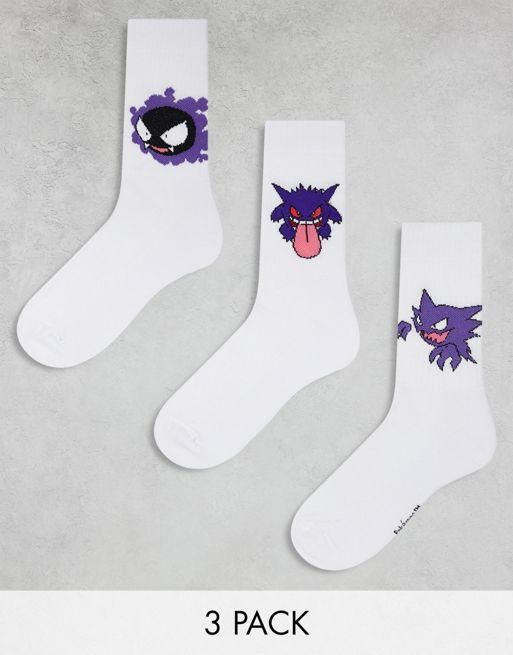   ASOS DESIGN 3 pack Pokémon gengar sports socks in white 