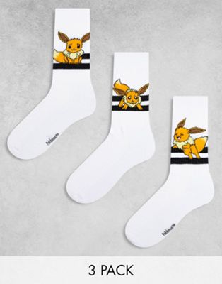 ASOS DESIGN 3 pack Pokemon sports socks in white with Eevee character