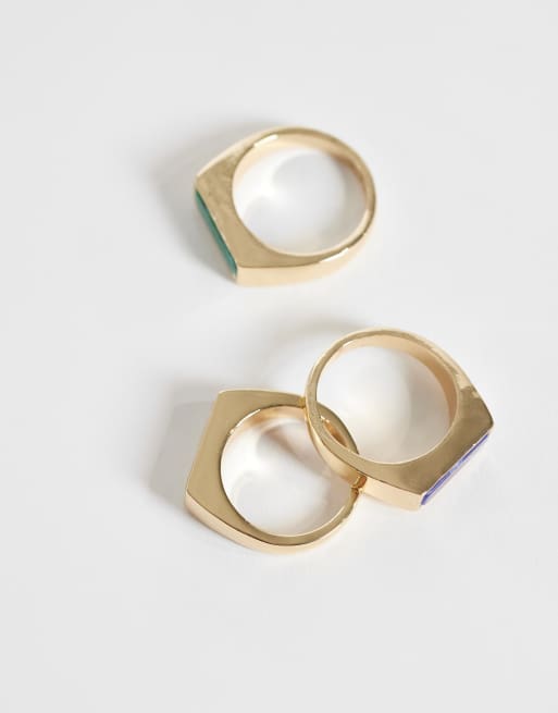 ASOS DESIGN 3 pack rectangular semi-precious stone slim signet rings in gold, 3 of 3