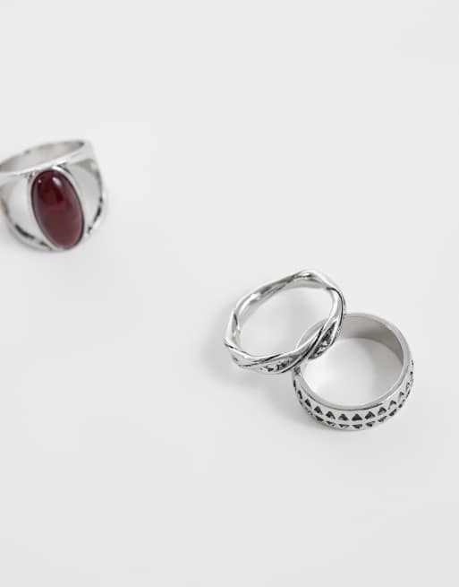 ASOS DESIGN 3 pack red oval stone and twisted ring in silver, 2 of 3