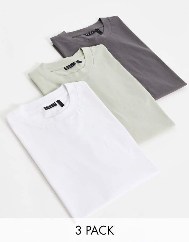 ASOS DESIGN 3 pack relaxed t-shirt with crew neck in white gray and sage