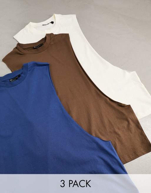 ASOS DESIGN 3 pack relaxed vest with dropped armhole in blue, brown and cream