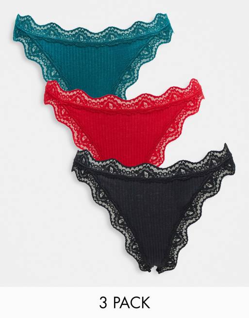 ASOS DESIGN 3 pack cotton high leg thong with dipped front in black