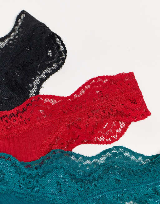 ASOS DESIGN 3 pack rib & lace thong in forest green, red & black, 3 of 4